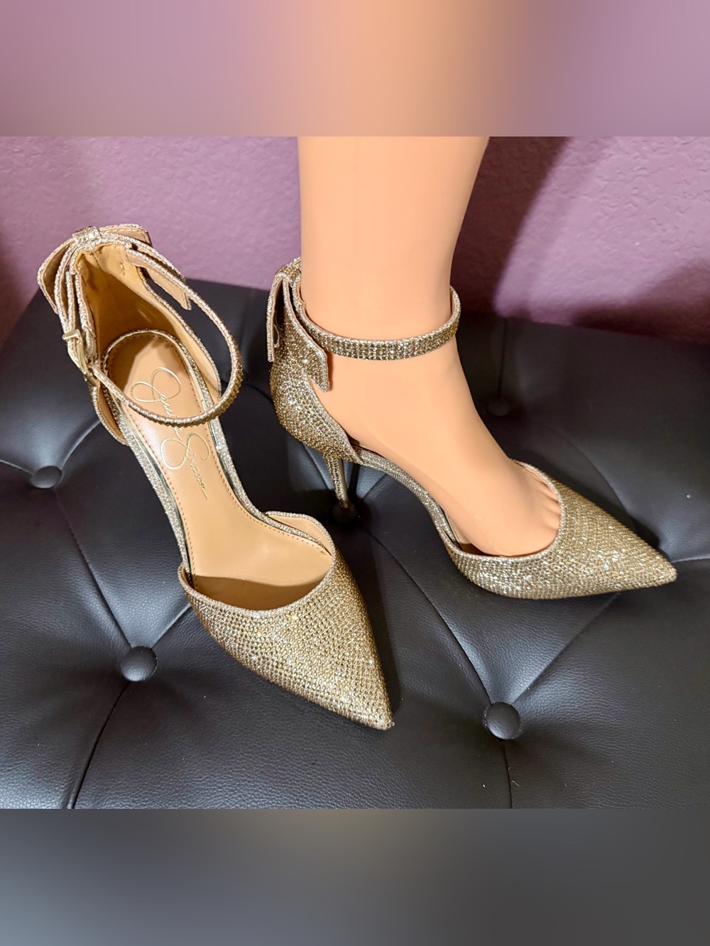 Jessica Simpson Gold Glitter Pointed-Toe Ankle-Strap Heels